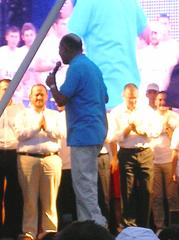 Traian Băsescu introducing Romanian right-wing politicians Cristian Preda, Adrian Papahagi and Mihai Răzvan Ungureanu at a support meeting in Revolution Square, Bucharest