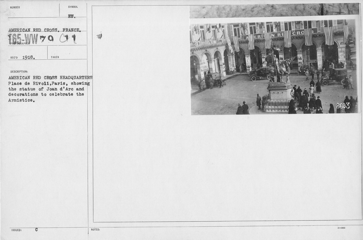 Statue of Joan of Arc with decorations at American Red Cross Headquarters Place de Rivoli Paris celebrating Armistice