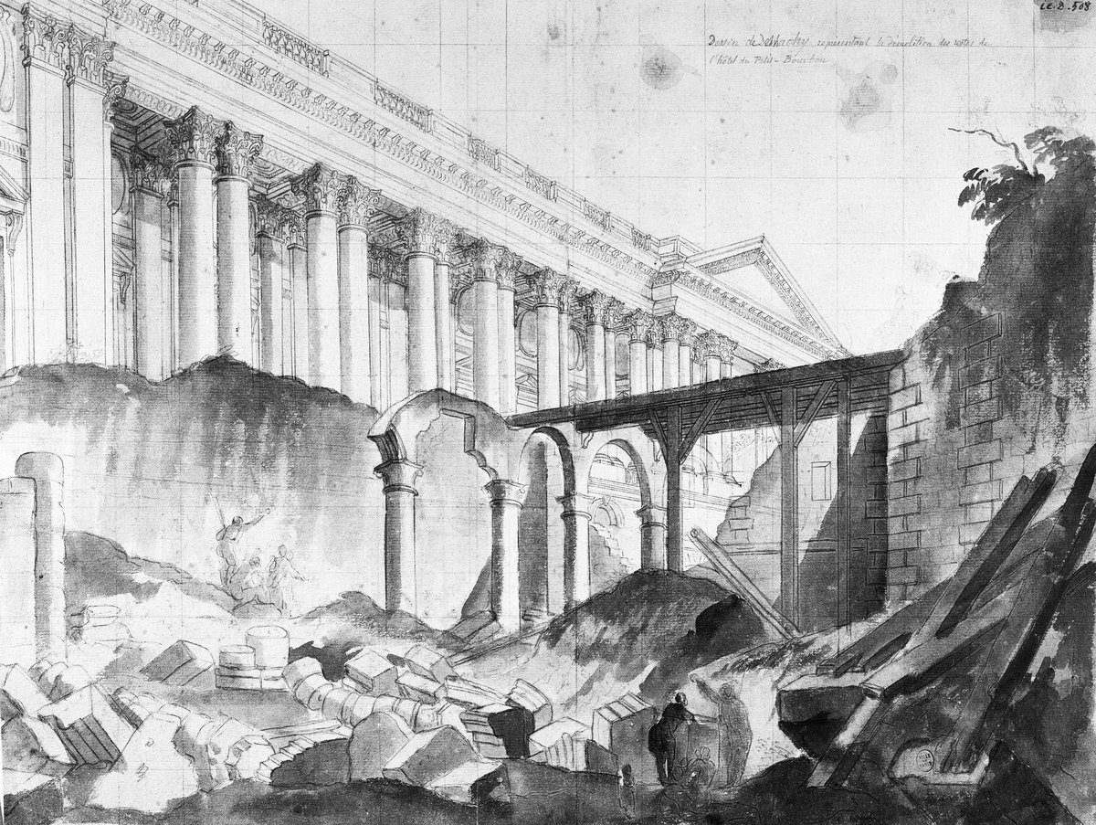 Drawing of the demolition of the Petit Bourbon cellar and clearing of the Louvre colonnade in Paris