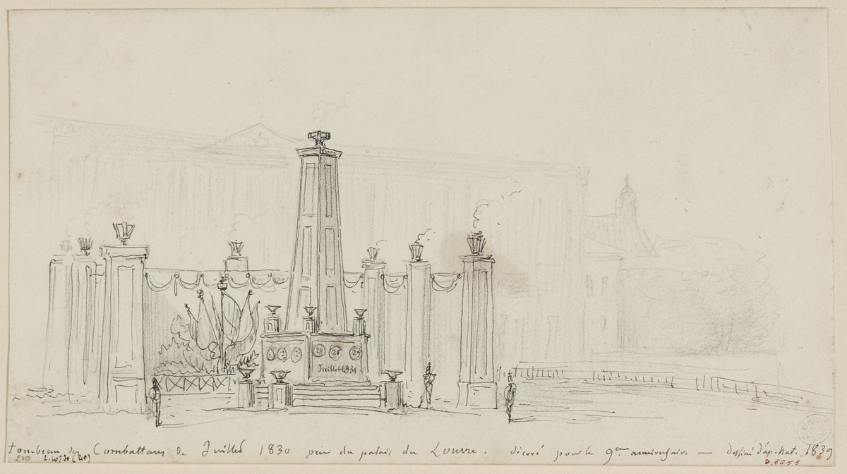 19th century drawing of a monument in front of the Louvre colonnade commemorating the 9th anniversary of the 1830 Days by François Alexandre Pernot