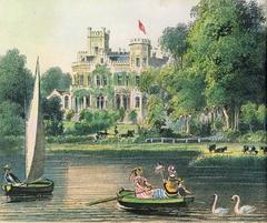 Lithograph of Hamburg Slomanburg with boats on the Alster river