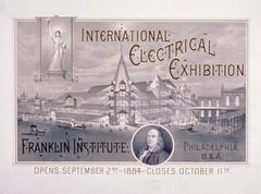 Vintage photograph of International Electrical Exhibition at Franklin Institute, Philadelphia with various electrical displays and attendees