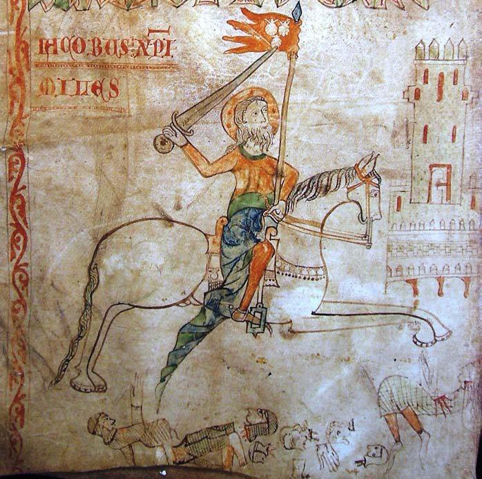 Apostle Santiago on horseback with his banner, miniature from the Tombo B of the Cathedral of Compostela, featuring the castle of Rocha Forte