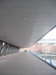 Eukalduna Bridge in Bilbao over a river with modern buildings in the background