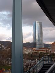 Eukalduna Bridge in Bilbao during sunset over the Nervion River