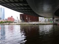Bilbao Puente Euskalduna bridge over river with urban cityscape background