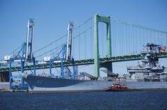 USS New Jersey battleship being moved by tugboats on Delaware River near Gloucester City