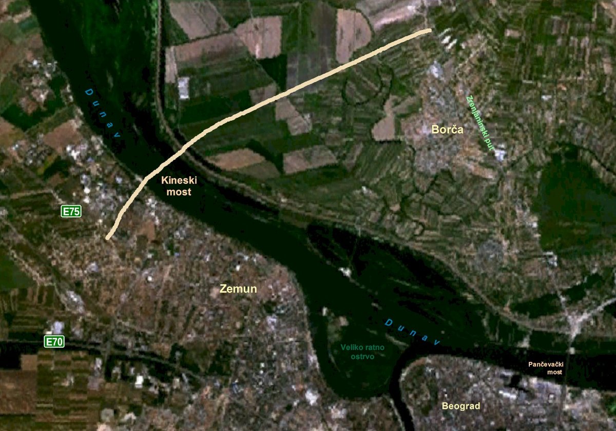 Satellite image showing the location of the future Chinese Bridge in Belgrade