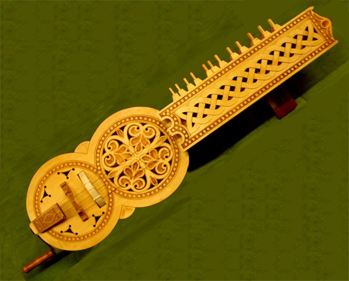 Organistrum musical instrument reproduction from Pórtico de la Gloria in Santiago de Compostela, Spain