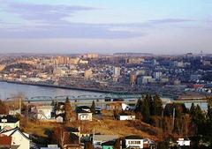Panoramic view of Chicoutimi city with river and buildings