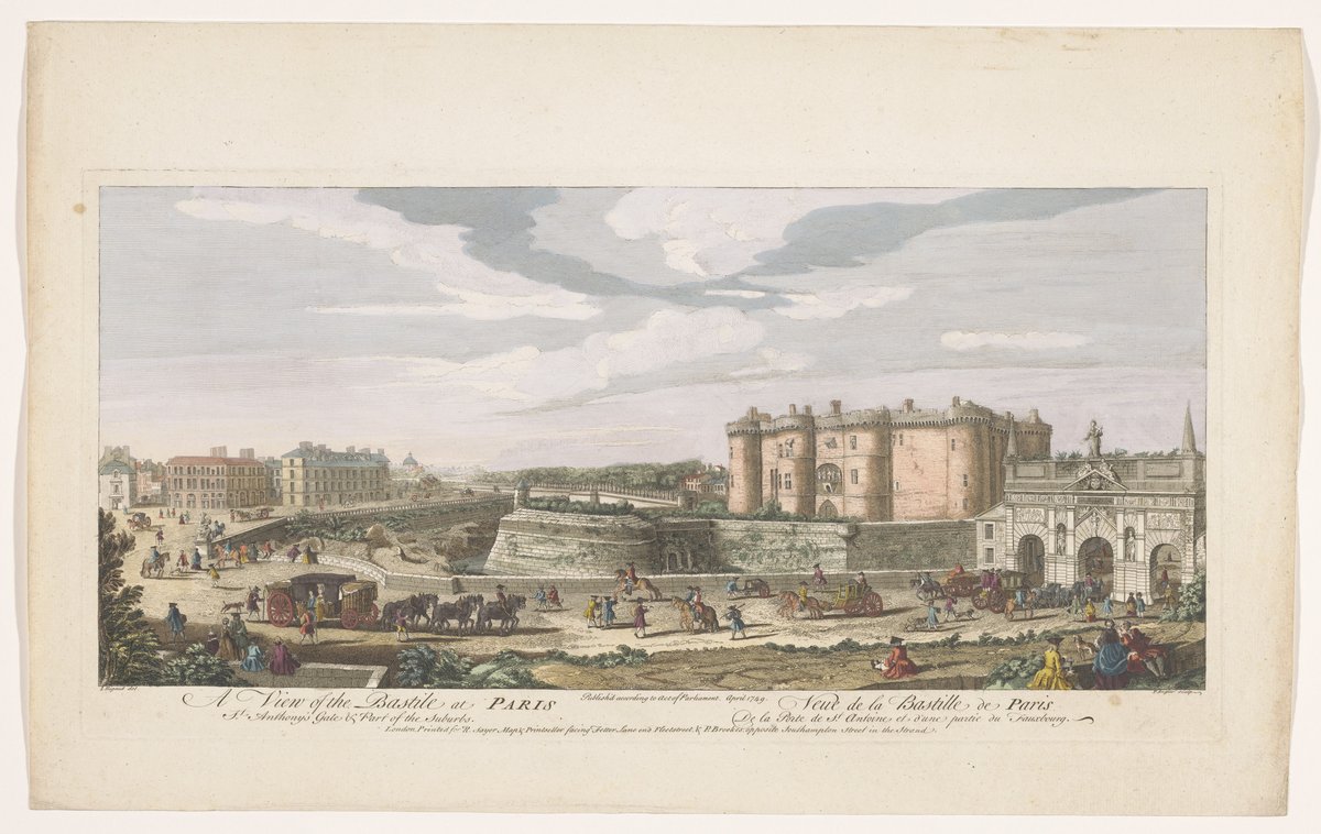 A detailed colored etching showing the Bastille fortress and the Porte Saint-Antoine gate in Paris from the 18th century, depicting part of the surrounding suburbs with historic architecture and peopl