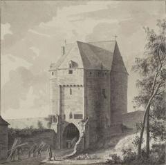 Detailed drawing of a street view in Brussels from the album 'Vues de Bruxelles et environs' by Paul Vitzthumb