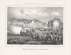 Dutch troops entering Brussels through the Porte de Namur amidst street fighting during the Belgian Revolution in 1830