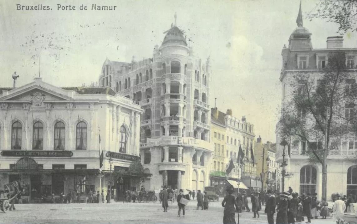 Vintage postcard of Porte de Namur with Elite building and Café de l’Horloge around 1910