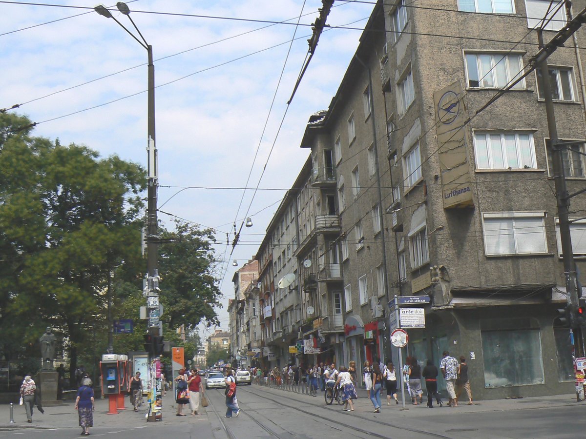 Graf Ignatiev Street in Sofia with pedestrians and tram tracks