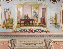 Oil painting of George Washington delivering his 1796 farewell address with Alexander Hamilton in the Great Experiment Hall