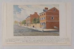 Historic watercolor of Mansion of Richard Penn, a three-story brick building on Market Street between 5th and 6th in Philadelphia, with detailed architectural features and surrounding streets