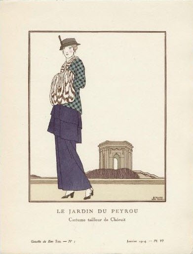Early 20th century fashion illustration of a woman in a Chéruit tailored costume at Le Jardin du Peyrou, Montpellier