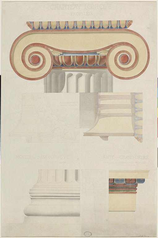 Polychrome Ionic order architectural illustration of the Propylaea on the Acropolis of Athens