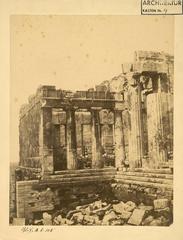 North-west wing of the Propylaea Acropolis with Doric columns and stone tables holding sculptures
