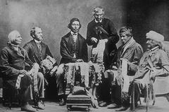 Iroquois Chiefs from the Six Nations Reserve reading Wampum belts in Brantford, Ontario