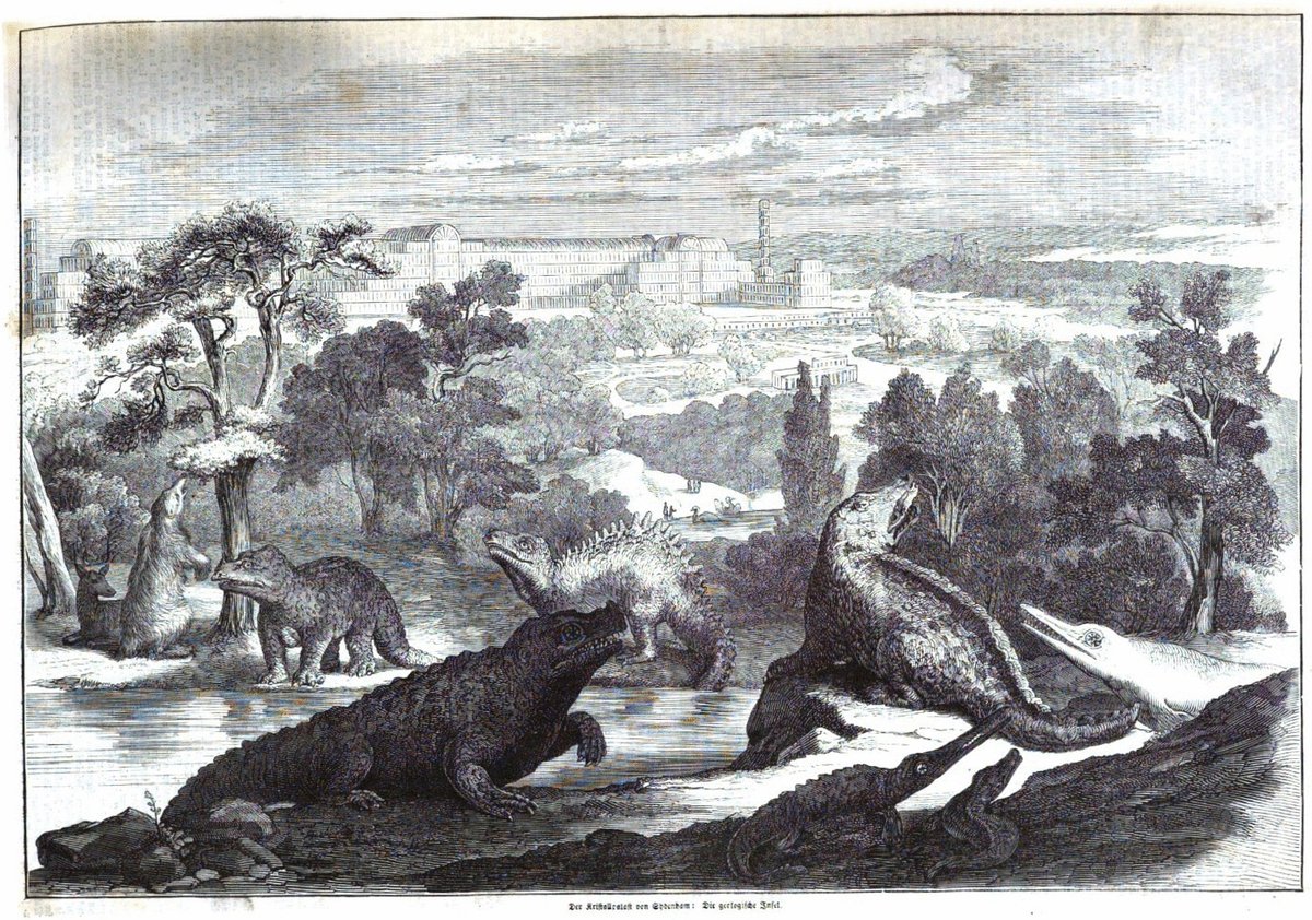 Contemporary illustration of the geological island at Crystal Palace grounds featuring dinosaur sculptures