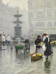 Vintage painting of Storkespringvandet fountain in Copenhagen by Paul Fischer 1916