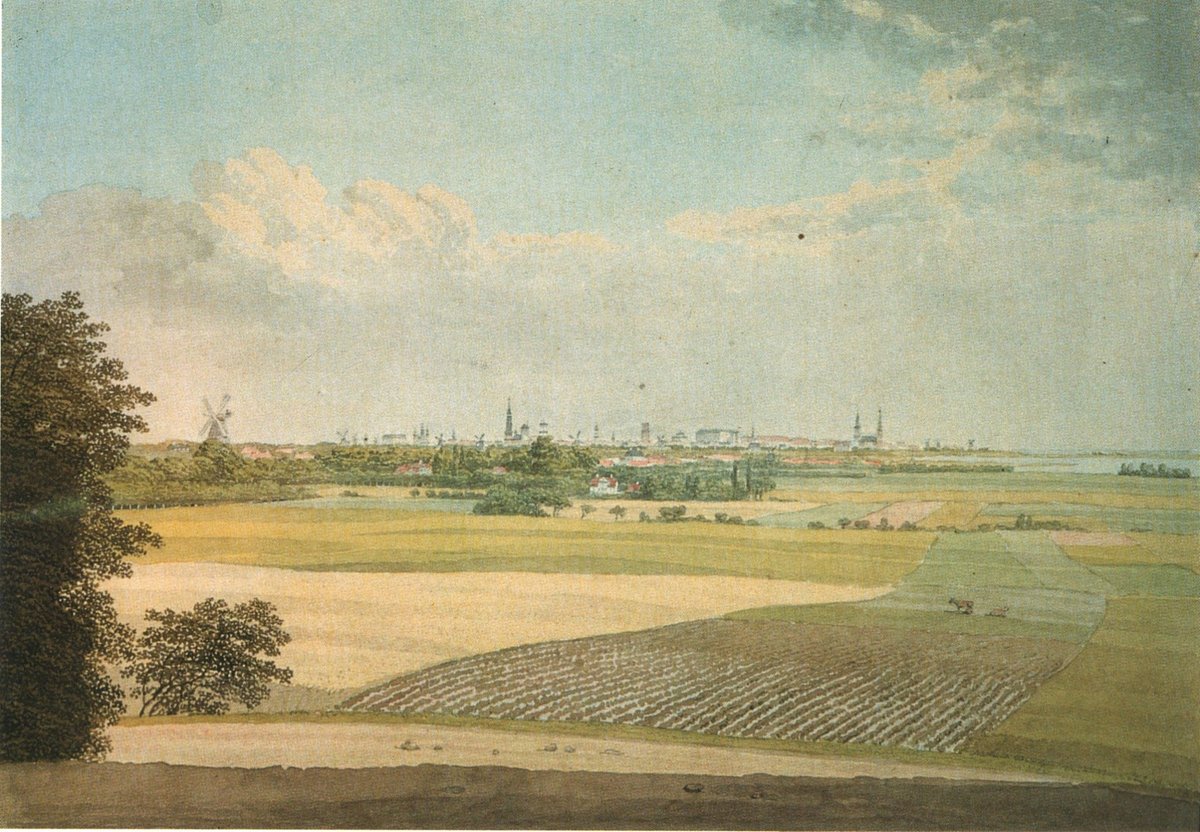 Panoramic view of Copenhagen and Vesterbro with Amerika Mølle from Bakkegården garden