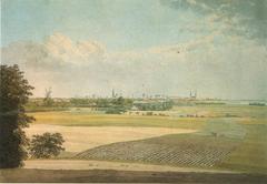 Panoramic view of Copenhagen and Vesterbro with Amerika Mølle from Bakkegården garden