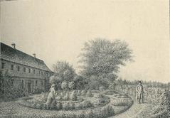 Kamma Rahbek's first garden at Bakkehuset, historical drawing by Chr. Hetsch