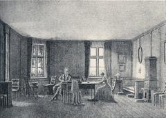 Kamma Rahbek's workroom and dining room at Bakkehuset, depicted in a historical drawing by Chr. Hetsch