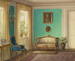 Interior view of Bakkehuset's green living room with classic 1935 decor and furniture