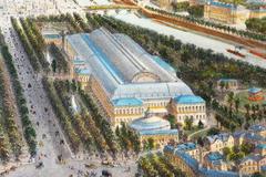 Palais de l'Industrie aerial view engraving 1860 Paris Champs-Elysées
