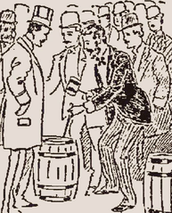 Woodcut of Harlow Higinbotham opening kegs of Columbian Exposition half dollars