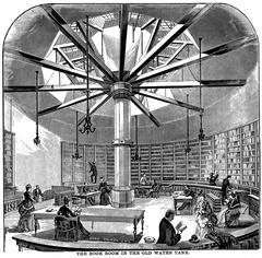 Historic book storage room in an abandoned iron water tank, Chicago, 1873