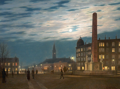 Vintage evening scene on Vesterbrogade with illuminated Frihedsstøtten monument, Copenhagen 1901