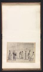 Photoreproduction of a drawing depicting a street scene in Oxford with the Pope and a student