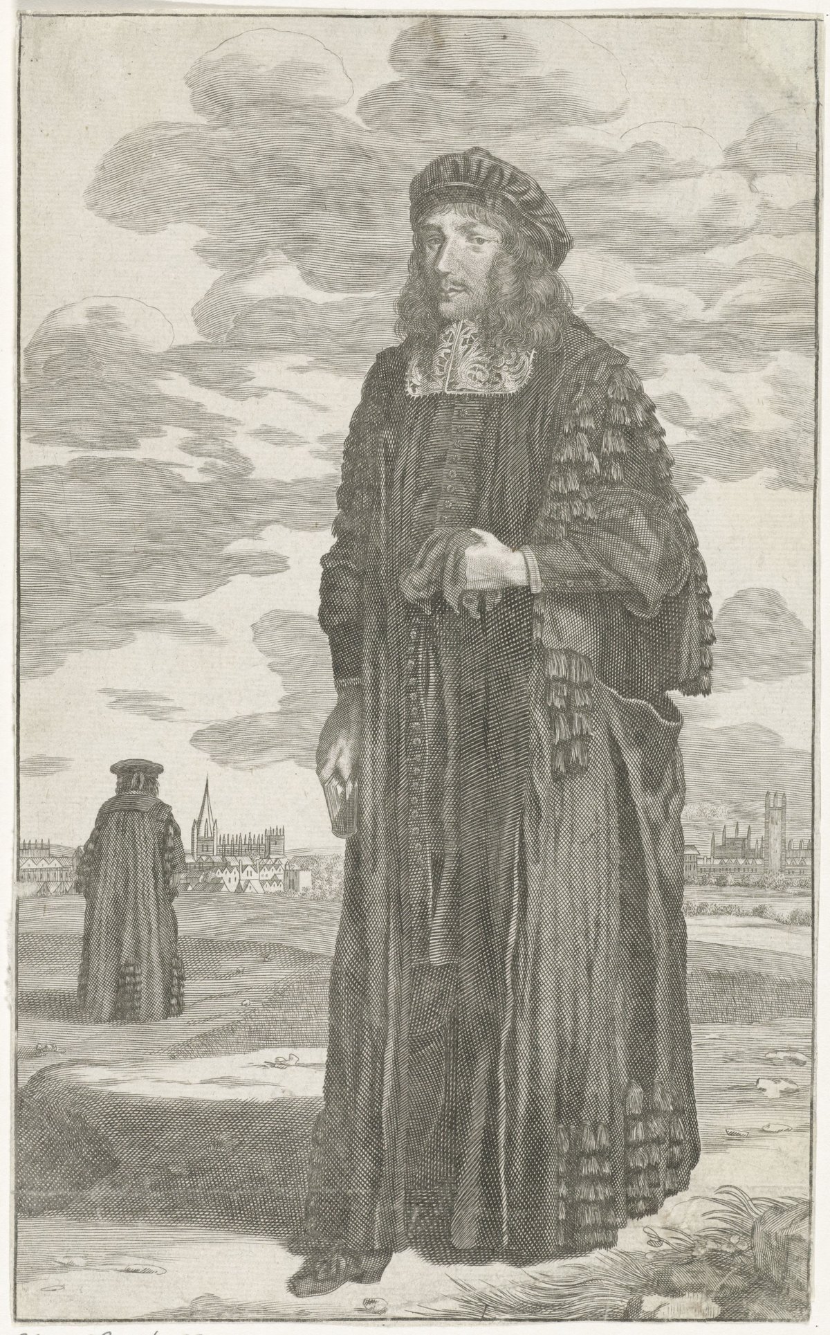 Engraving of an unknown doctor of medicine at Oxford University wearing academic gown holding book and gloves, with the same man seen from behind and city contours in background