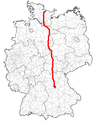 Map showing the course of the B4 federal highway in Germany