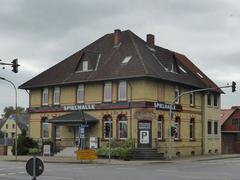 Former guesthouse Meinersand in Meine during sunset