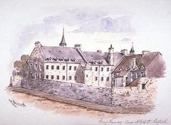 Watercolour painting of the Grey Nunnery at the corner of McGill Street in Montreal