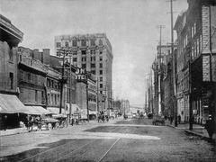 Historic view of McGill Street in Montreal looking south with the new Canadian Express building and Grand Trunk general offices and warehouses