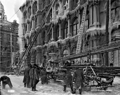 Historic black and white photograph of Thomas May's Building on McGill Street, Montreal, after a fire in 1901