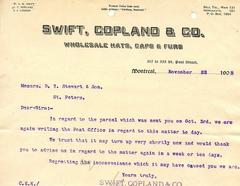 Swift Copland and Co. wholesale hats caps and furs storefront and employees Montreal 1905