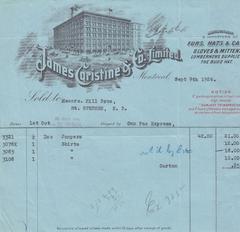 Vintage invoice from James Coristine & Co. Limited, Montreal, manufacturers and importers of furs, hats, caps, and lumbermens supplies, dated September 9th, 1926