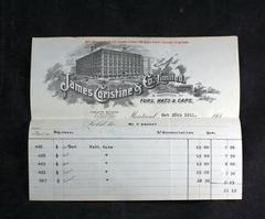 Vintage 1911 invoice from James Coristine & Co. Limited, manufacturers of furs, hats, and caps in Montreal, Canada