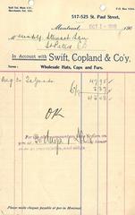 Swift Copland and Company wholesale hats caps and furs 1906 invoice Montreal
