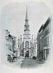 Rue de Bonsecours street view circa 1890 with the new facade of Notre-Dame-de-Bon-Secours chapel