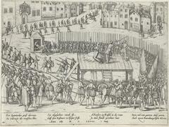Engraving depicting the execution of eighteen nobles including the Van Batenburg brothers on a scaffold at Paardenmarkt in Brussels on June 1, 1568