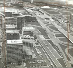 Aerial view of the commercial sector, bus station, entertainment district and National Theatre in Brasília, Brazil